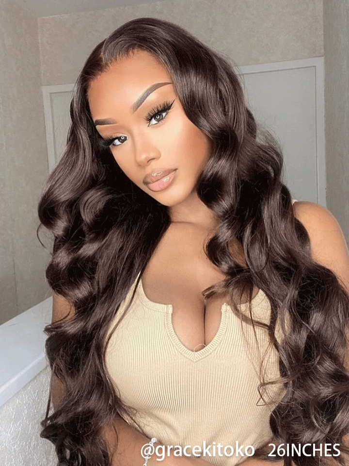 CurlyMe #4 Chocolate Brown Pre Cut Glueless Lace Body Wave Wear Go Wig