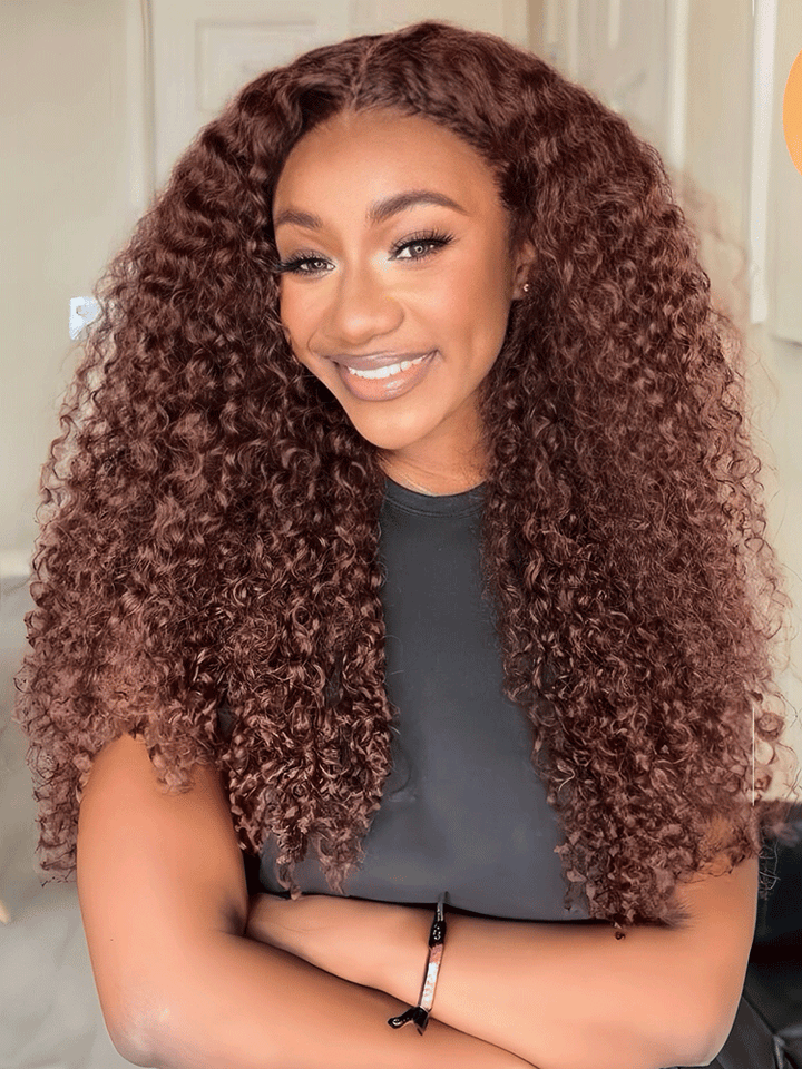 CurlyMe Pre-Plucked Wear Go Glueless Reddish Brown Kinky Curly Hair Pre-cut Lace