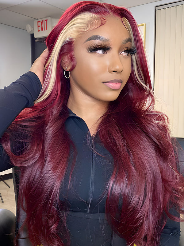 CurlyMe Burgundy Color Straight Hair With Blonde Skunk Stripe 13x4 Lace Front Wig Highlights Ombre Hair