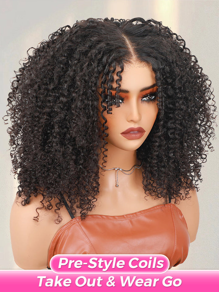 CurlyMe Pre-style Finger Coily Pretty Thick Curls Wear Go Glueless Wig 4x6 Pre-cut HD Lace Wig Pre-plucked