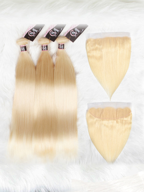 CurlyMe 613 Blonde Straight Hair 3 Bundles With 13x4 Lace Frontal