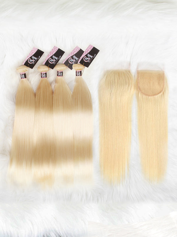 CurlyMe 613 Blonde Straight Human Hair 4 Bundles with 4x4 Lace Closure