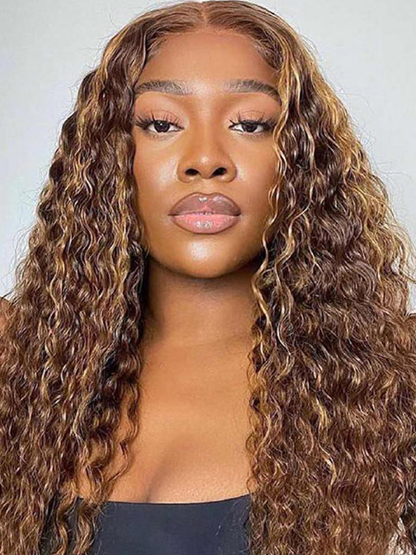 CurlyMe Highlights Ombre Hair Water Wave Human Hair Wigs Transparent Lace Wigs Pre Plucked