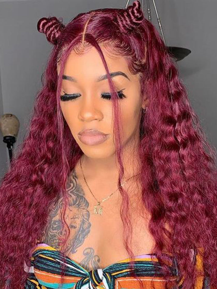 CurlyMe 99J Burgundy Color Water Wave Hair 13x4 Lace Front Wigs With Baby Hair