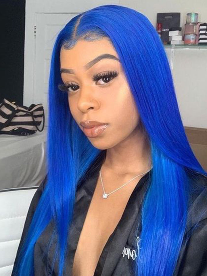 CurlyMe Blue Colour Hair Lace Front Wigs Pre Plucked Straight Human Hair