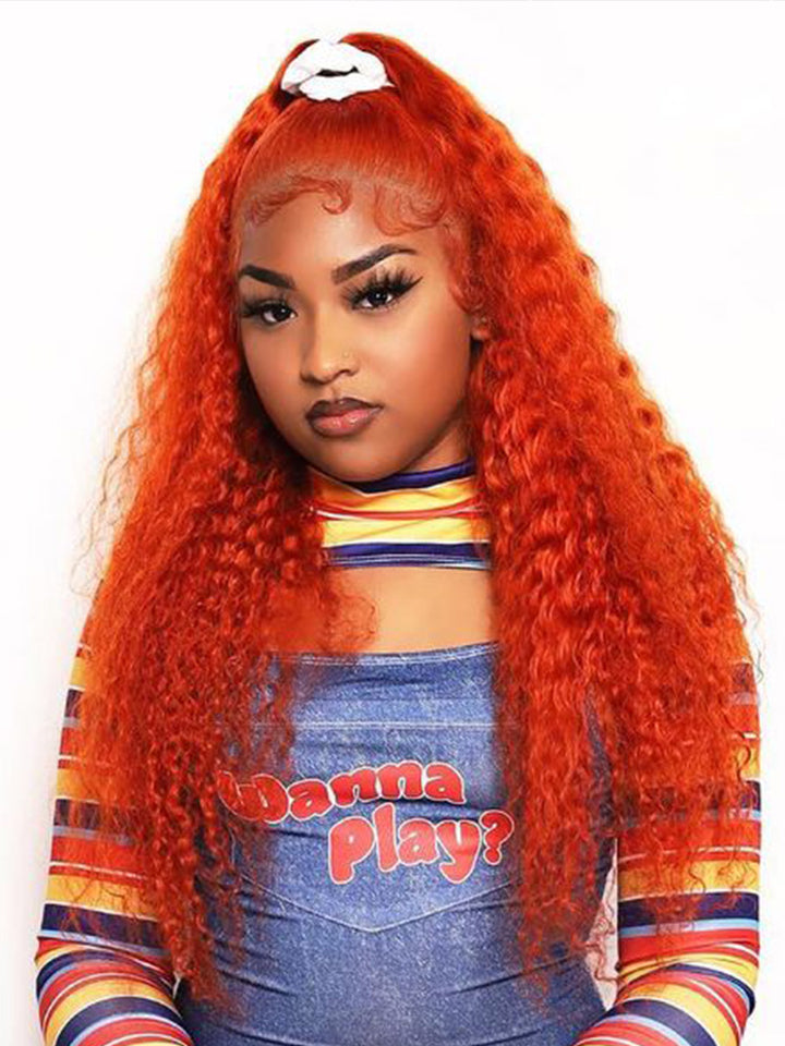 CurlyMe Bright Orange Water Wave Hair 13x4 Lace Front Wigs Pre Plucked