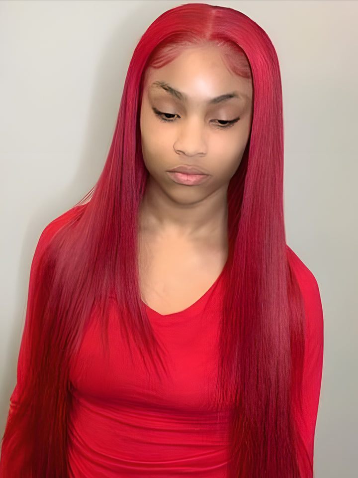 CurlyMe Bright Red Colored Straight Hair Lace Front Wigs Pre Plucked Hairline