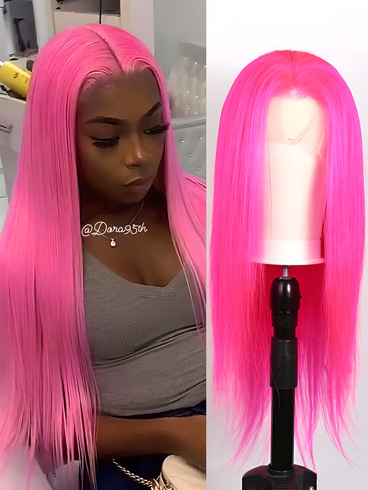 CurlyMe Hot Pink Colored Straight Human Hair 13x4 Lace Front Wigs Pre Plucked Hairline