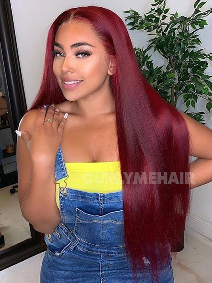CurlyMe 99J Burgundy Color Straight Hair 13x4 Lace Front Wigs Easy Bleached Lace Wigs