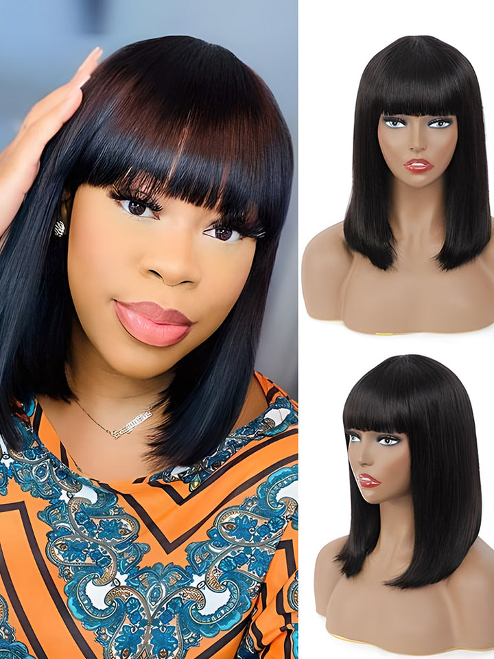 CurlyMe Silk Straight Hair Non Lace Glueless Bob Wig With Bangs