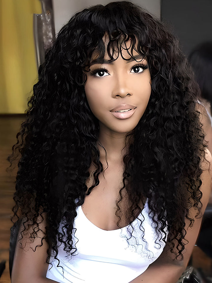 CurlyMe Water Wave Hair Non Lace Wigs Full Machine Made Wigs With Bangs For Women