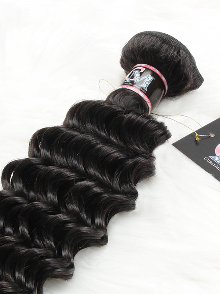 CurlyMe Deep Wave Human Hair 4 Bundles with 13x4 Lace Frontal Natural Black