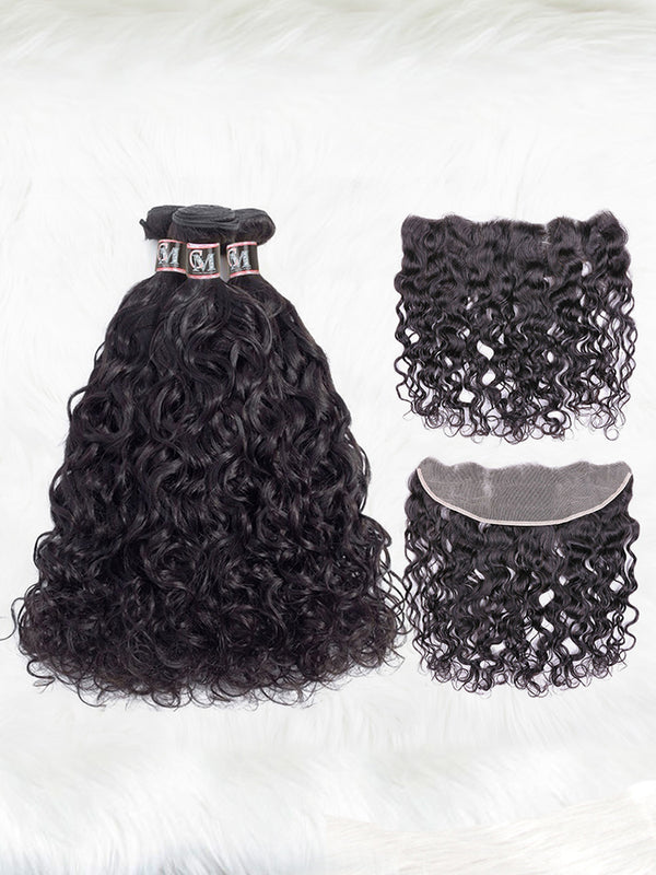 CurlyMe Natural Wave Virgin Human Hair 3 Bundles With 13x4 Frontal Natural Black