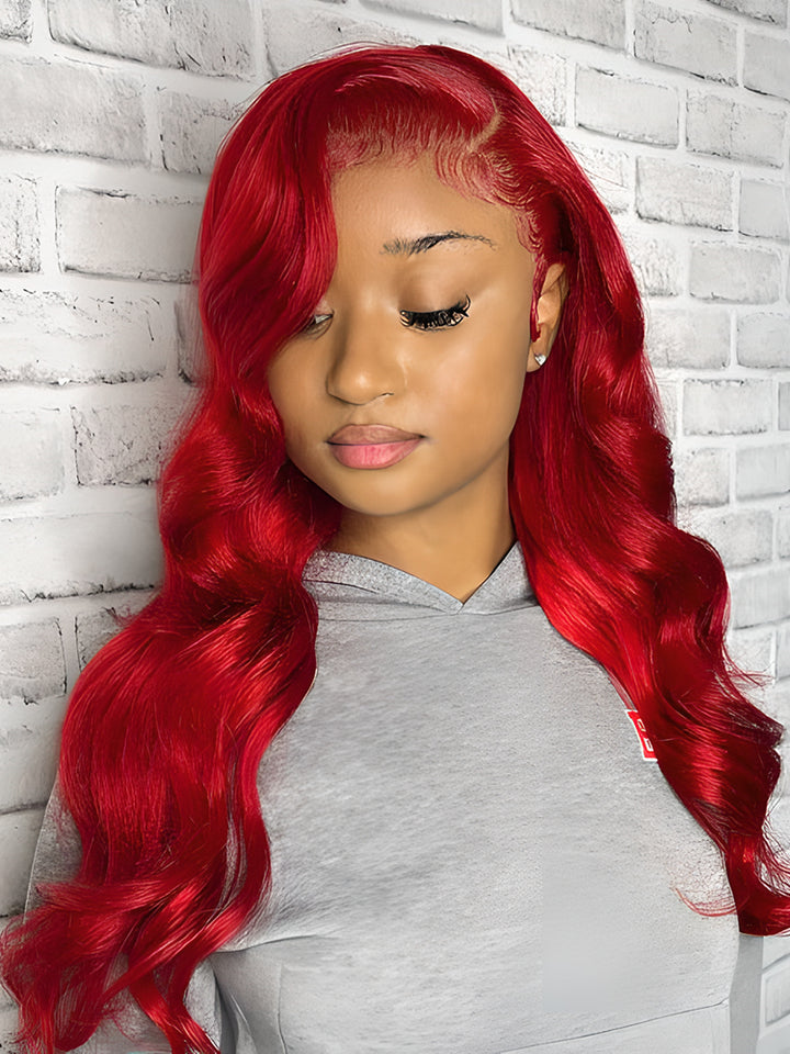 CurlyMe Red Colored Body Wave Hair Lace Front Wigs Pre Plucked Hairline
