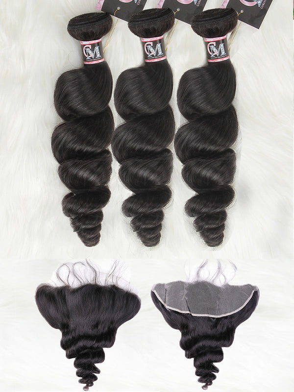 CurlyMe Loose Wave Virgin Human Hair 3 Bundles With 13x4 Frontal Natural Black