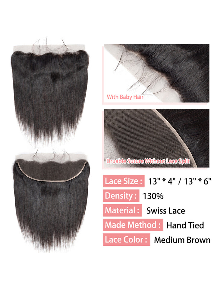 CurlyMe Straight Virgin Human Hair 3 Bundles With 13x4 Frontal Natural Black