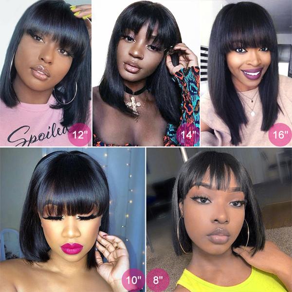 CurlyMe Human Hair Straight Hair Bob Wigs With Bangs None Lace Wig With Bangs Curly Glueless