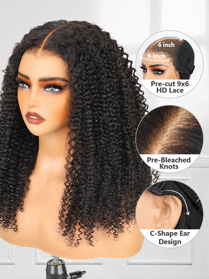 CurlyMe Pre-cut 9x6 HD Lace M-cap Wear Go Glueless Mini Knots Kinky Curly Hair Bob Wig Pre-plucked