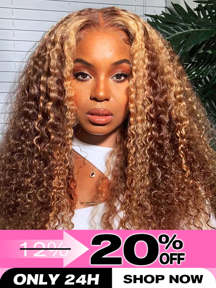 CurlyMe Highlights Ombre Human Hair Wigs Kinky Curly Transparent Lace Wigs Pre plucked