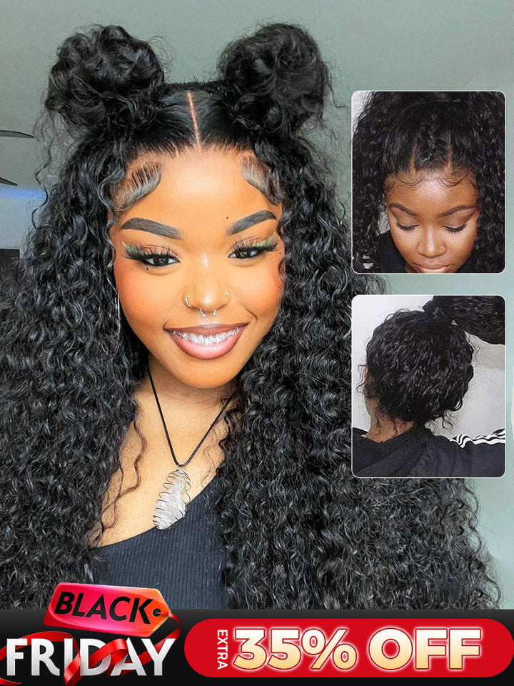 CurlyMe 360 Lace Fit Wear Go Pre-Bleached Water Wave Human Hair Glueless Wig Pre-Plucked