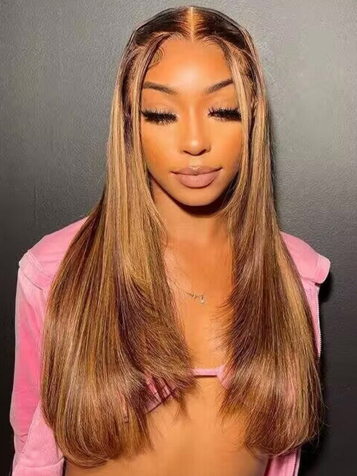 CurlyMe Layered Cut Straight Brown Highlight Ombre Pre-cut Lace Wear Go Glueless Wig