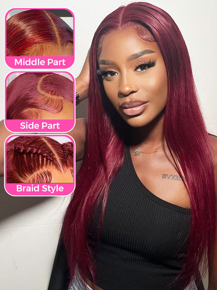 CurlyMe 99J Burgundy Color Straight Hair 13x4 Lace Front Wigs Easy Bleached Lace Wigs