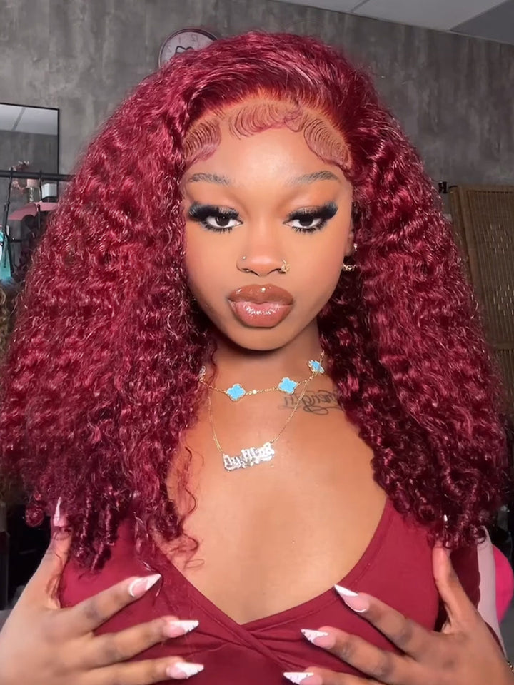 CurlyMe 99J Burgundy Color Burmese Curly Glueless Wig Pre Cut 9x6 Lace Snug Fit Wear Go Glueless Wig