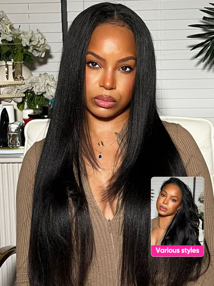 CurlyMe Pre-bleached Yaki Straight Hair Wear Go Glueless Wig 7x5 Pre-cut HD Lace Pre-plucked