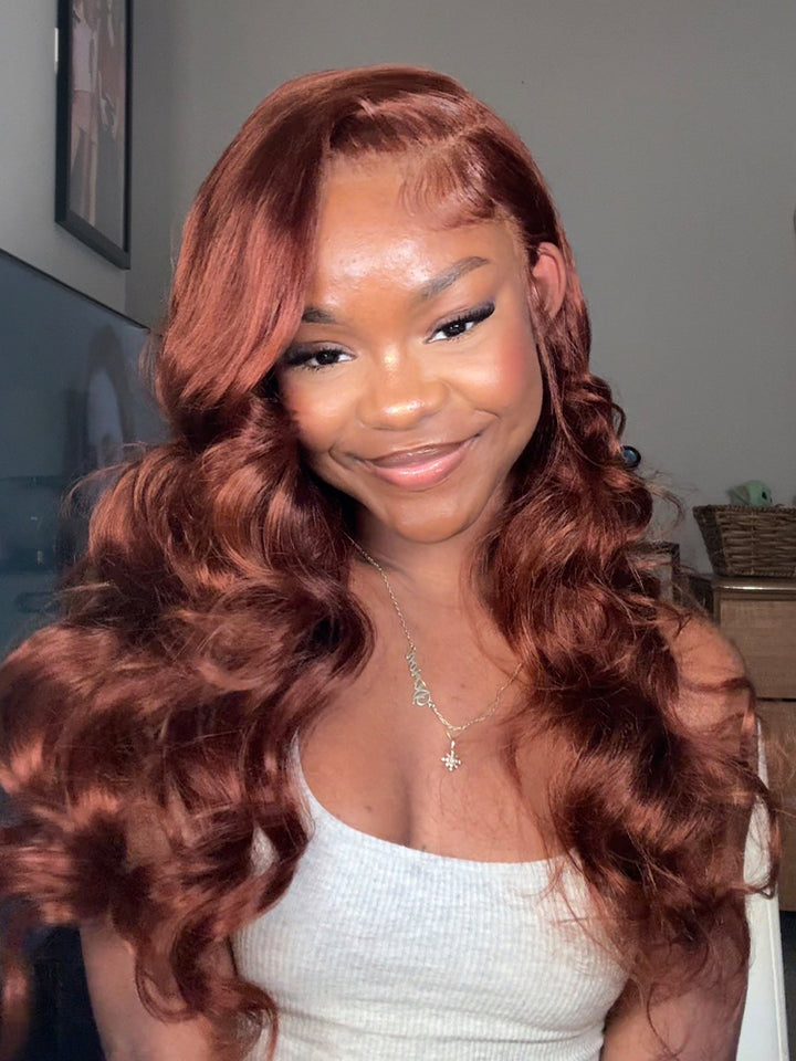 CurlyMe Copper Brown Body Wave Wear Go Glueless 7x5 Lace Wigs Human Hair Wigs