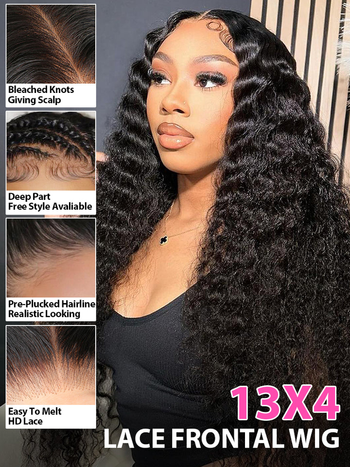 CurlyMe Hot Curly Pre-bleached Deep Wave 13x4 HD Lace/Transparent Lace Frontal Wigs