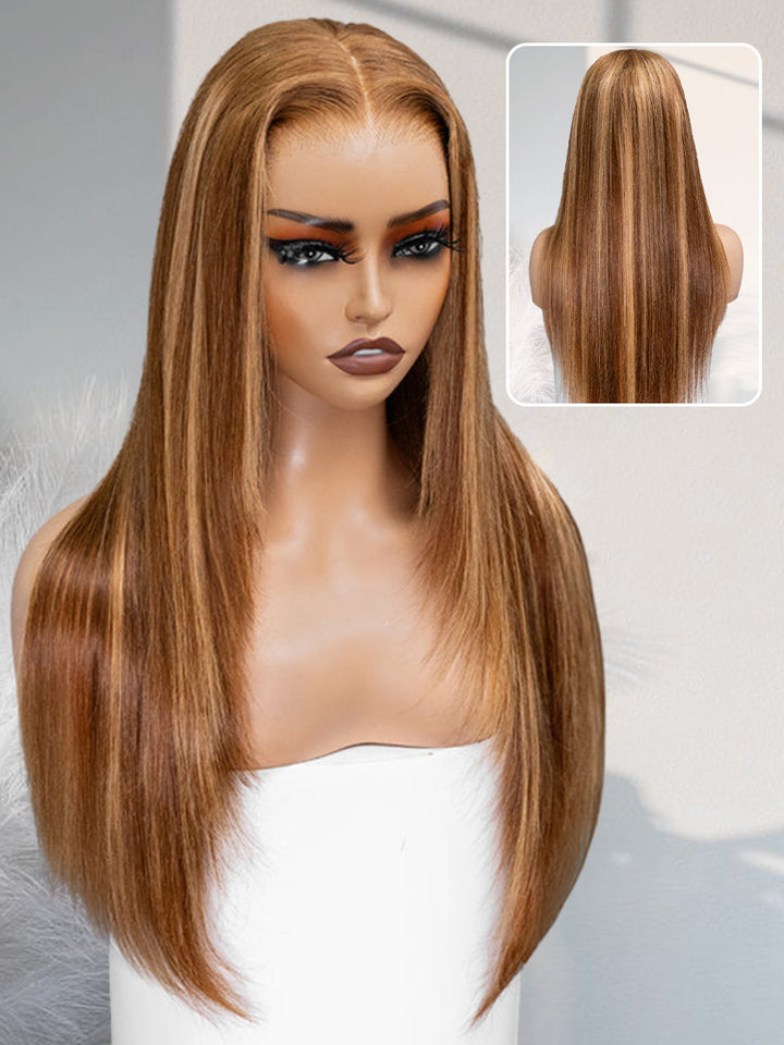 CurlyMe Layered Cut Straight Brown Highlight Ombre Pre-cut Lace Wear Go Glueless Wig