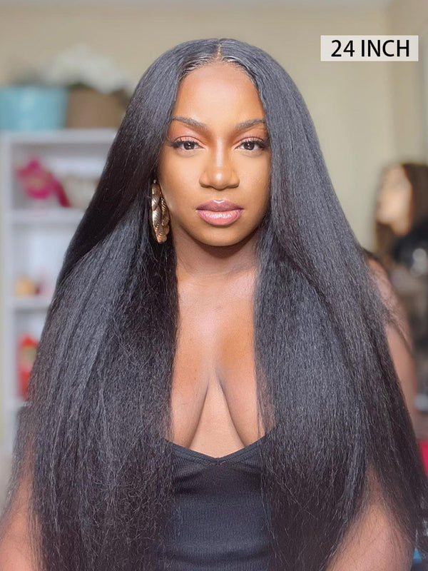 CurlyMe Kinky Straight Hair 13x4 Lace Front Wigs Pre Plucked Natural Black