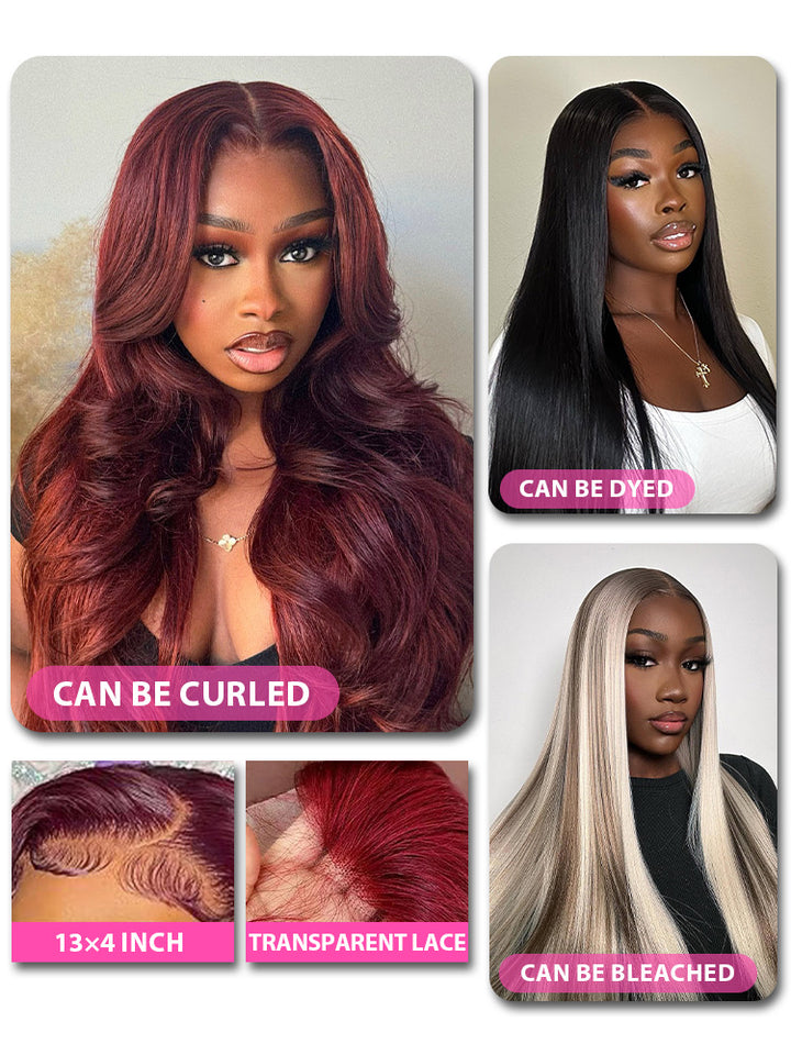 CurlyMe 99J Burgundy Color Straight Hair 13x4 Lace Front Wigs Easy Bleached Lace Wigs