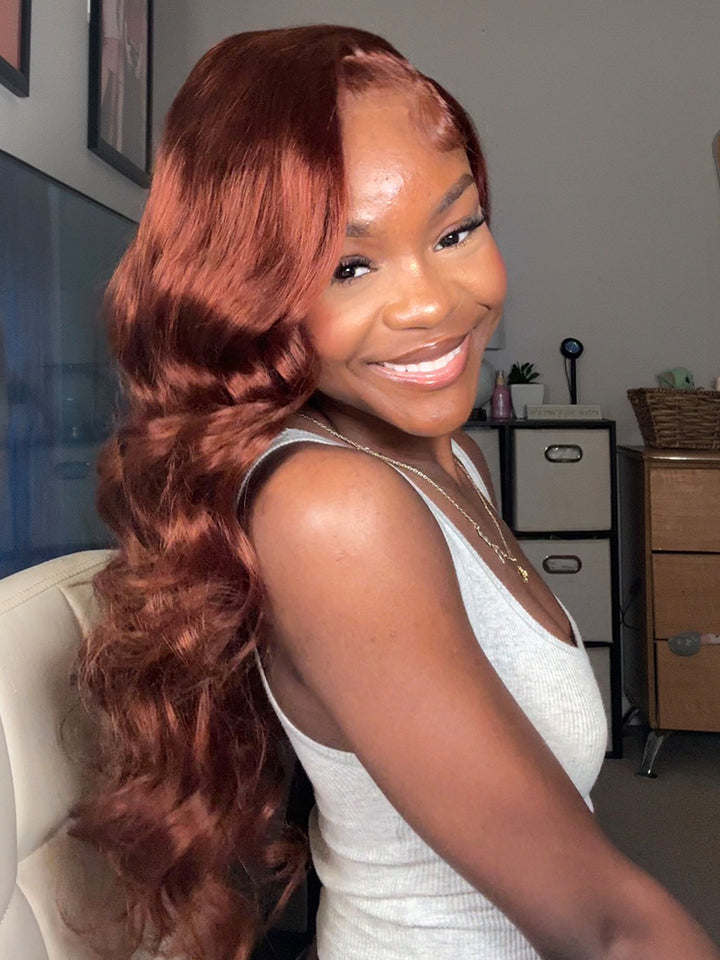 CurlyMe Copper Brown Body Wave Wear Go Glueless 7x5 Lace Wigs Human Hair Wigs