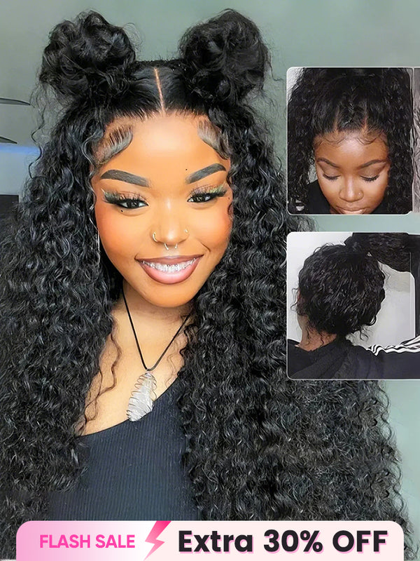 CurlyMe 360 Lace Fit Wear Go Pre-Bleached Water Wave Human Hair Glueless Wig Pre-Plucked