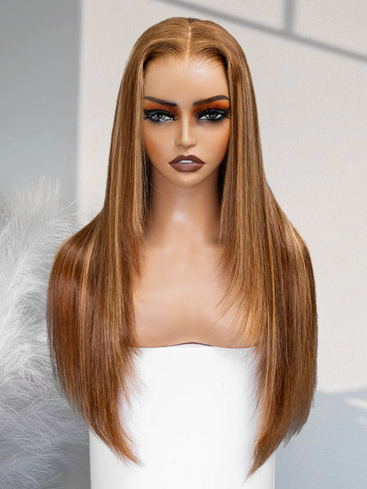 CurlyMe Layered Cut Straight Brown Highlight Ombre Pre-cut Lace Wear Go Glueless Wig