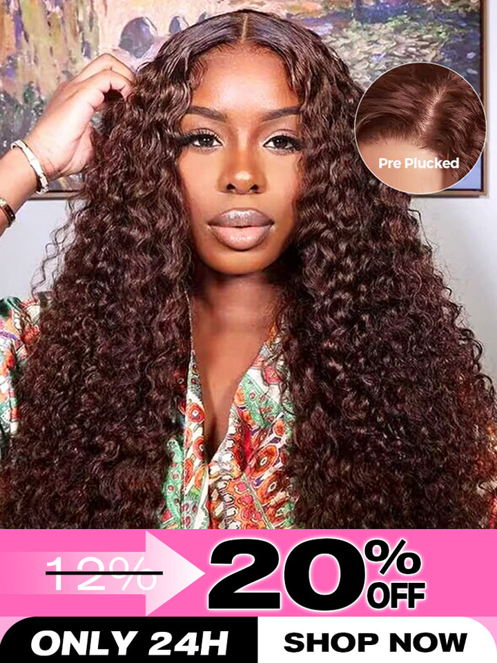 CurlyMe #4 Chocolate Brown Pre Cut Glueless Lace Water Wave Wear Go Wig