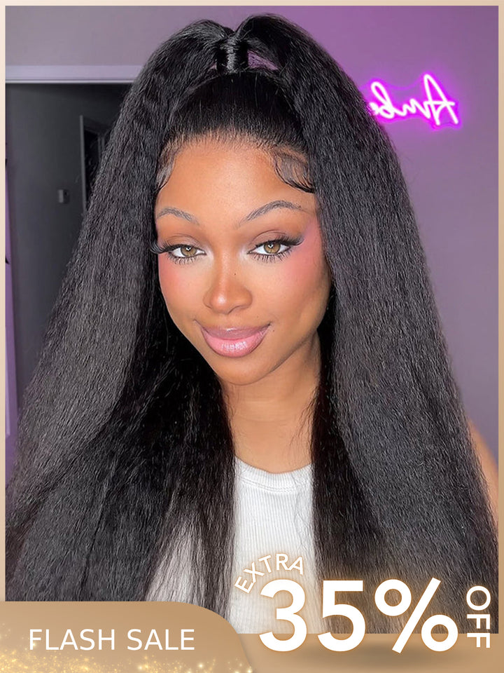 CurlyMe 360 Fit Wig Pre-Bleached Kinky Straight Human Hair Pre-Cut 360 Lace Wear Go Glueless Wig Pre-Plucked