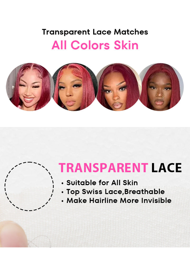CurlyMe 99J Burgundy Color Straight Hair 13x4 Lace Front Wigs Easy Bleached Lace Wigs