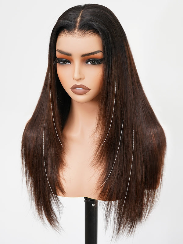CurlyMe Layered Cut Black to Chestnut Brown Ombre Straight Hair 7x5 Pre-Cut Swiss Lace Wear Go Glueless Wigs