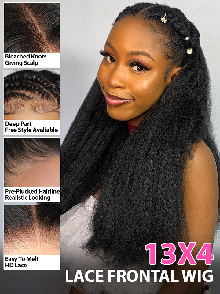 CurlyMe Kinky Straight Hair 13x4 Lace Front Wigs Pre Plucked Natural Black