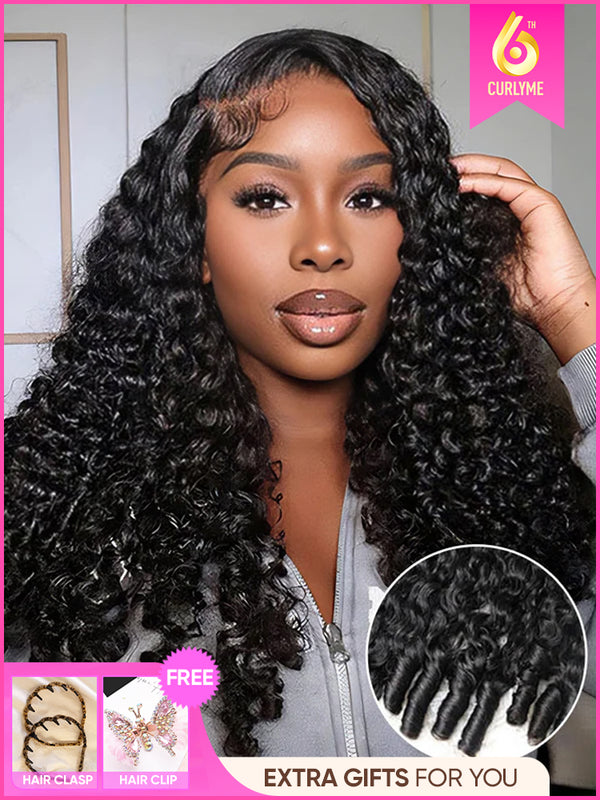 CurlyMe Pre Bleached Knots Burmese Curly Hair 13x6 Pre-Cut HD Lace Frontal Wig With Elastic Drawstring Wear Go Wig