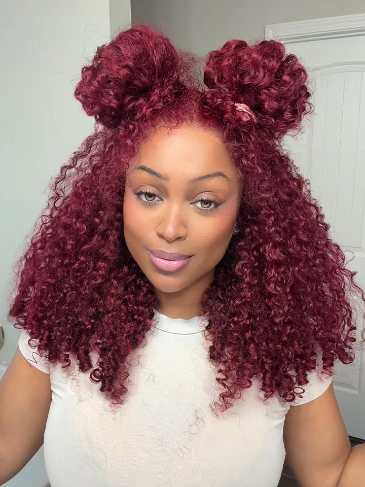 CurlyMe 99J Burgundy Color Burmese Curly Glueless Wig Pre Cut 9x6 Lace Snug Fit Wear Go Glueless Wig