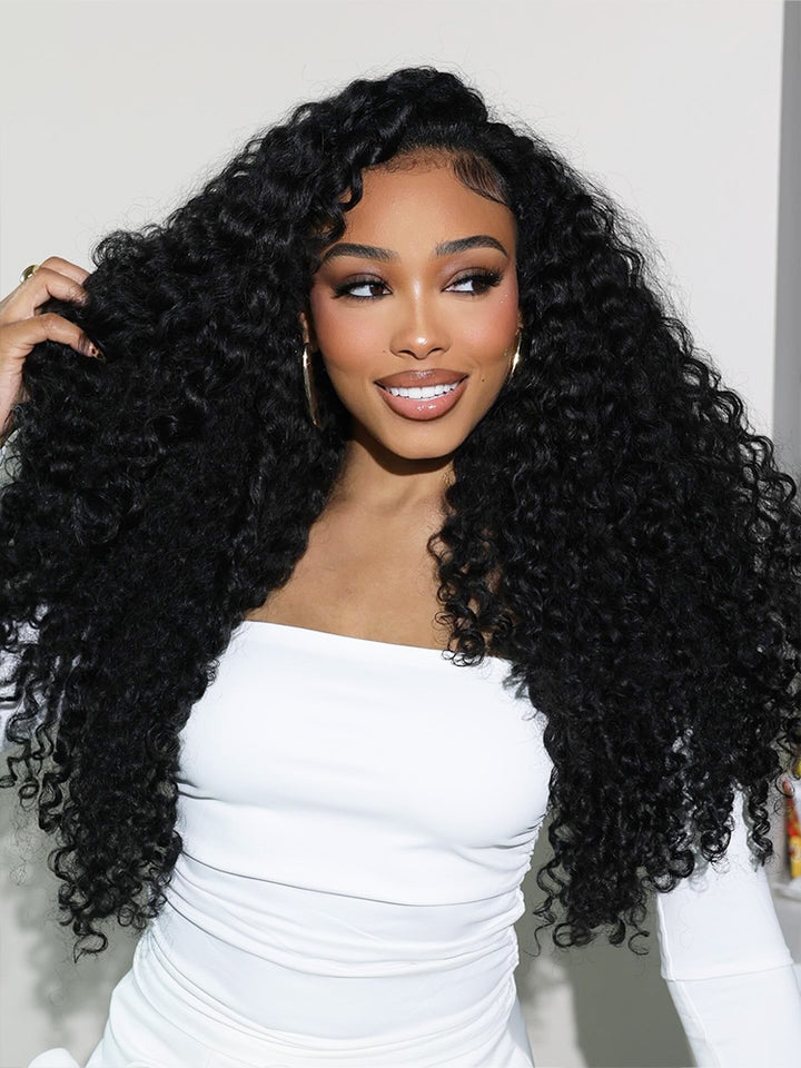 CurlyMe Pre Bleached Knots Burmese Curly Hair 13x6 Pre-Cut HD Lace Frontal Wig With Elastic Draw-string Wear Go Wig