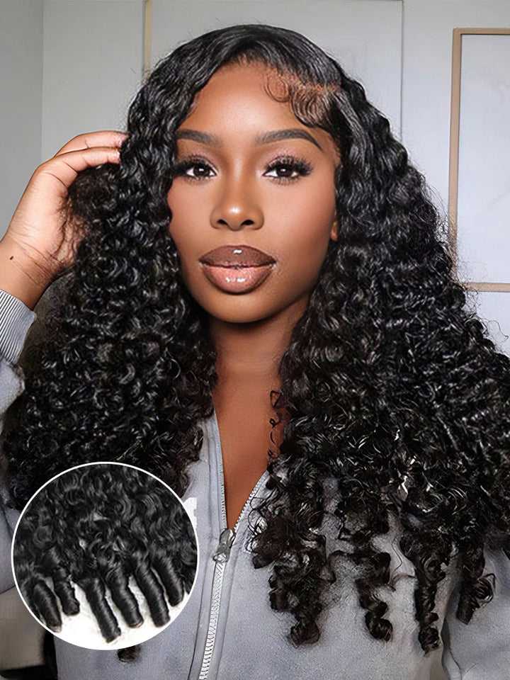 CurlyMe Pre Bleached Knots Burmese Curly Hair 13x6 Pre-Cut HD Lace Frontal Wig With Elastic Draw-string Wear Go Wig