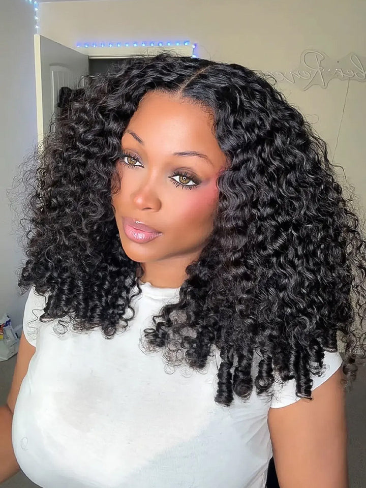 CurlyMe Pre Bleached Knots Burmese Curly Hair 13x6 Pre-Cut HD Lace Frontal Wig With Elastic Draw-string Wear Go Wig