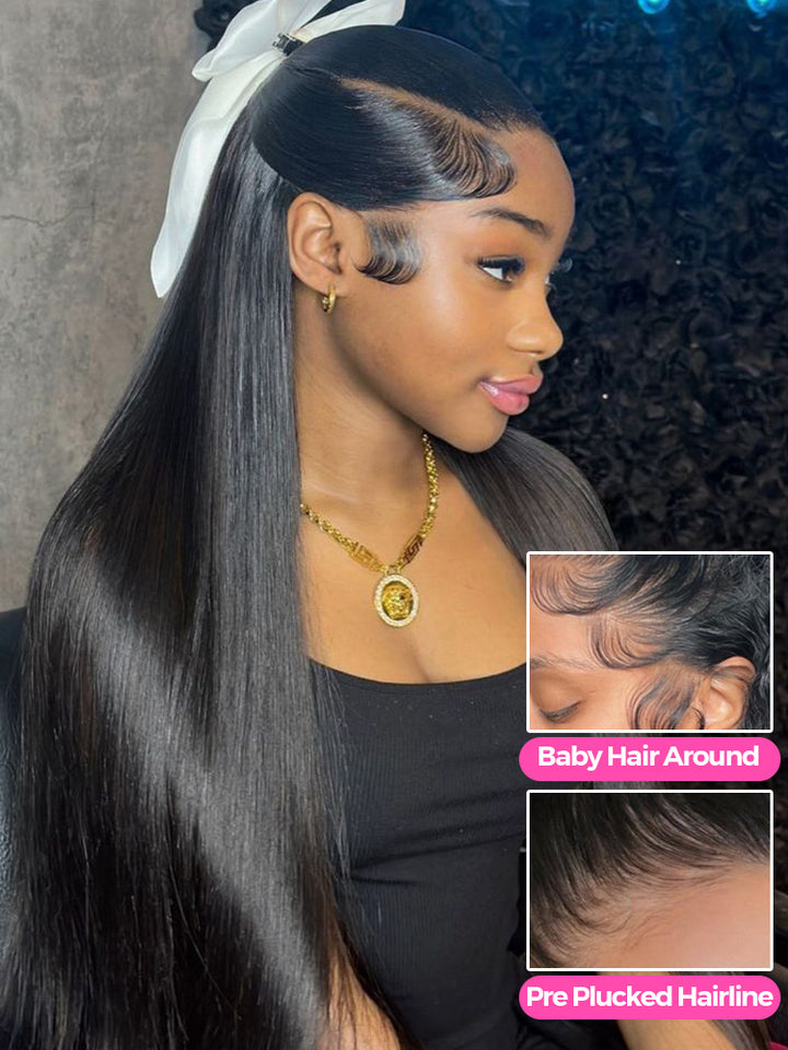 CurlyMe Silky Straight Long Hair 13x6 Lace Front Wigs Pre Plucked Natural Hairline