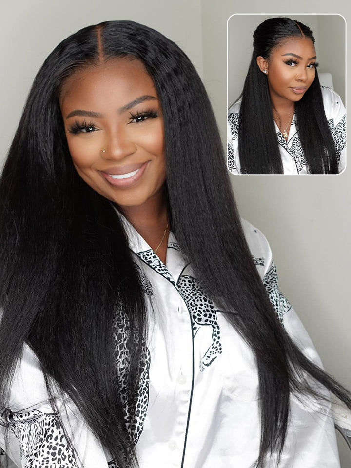 CurlyMe Kinky Straight Hair 13x4 Lace Front Wigs Pre Plucked Natural Black