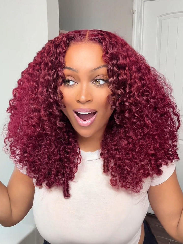 CurlyMe 99J Burgundy Color Burmese Curly Glueless Wig Pre Cut 9x6 Lace Snug Fit Wear Go Glueless Wig