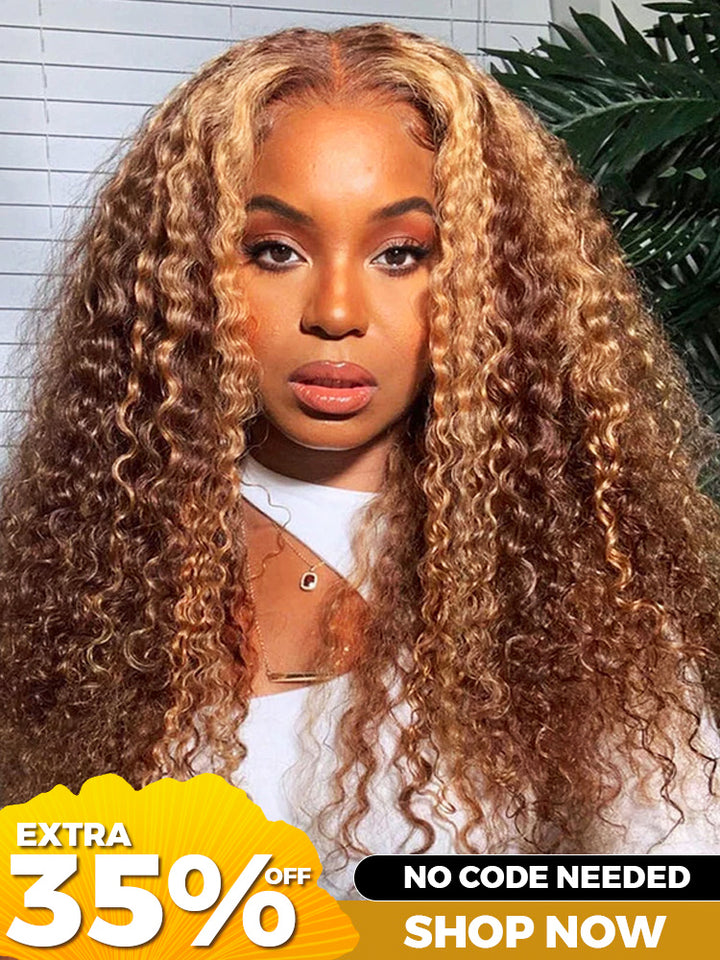 [Clearance Sale] CurlyMe Highlights Ombre Human Hair Wigs Kinky Curly Transparent Lace Wigs Pre plucked